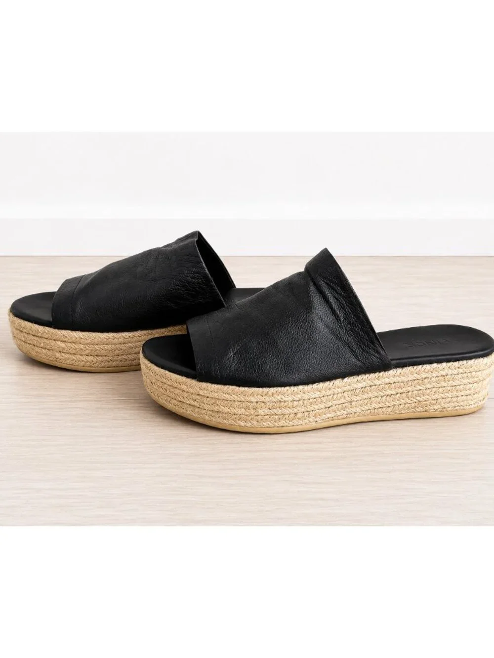 Vince Black Leather Espadrille Platform Slides